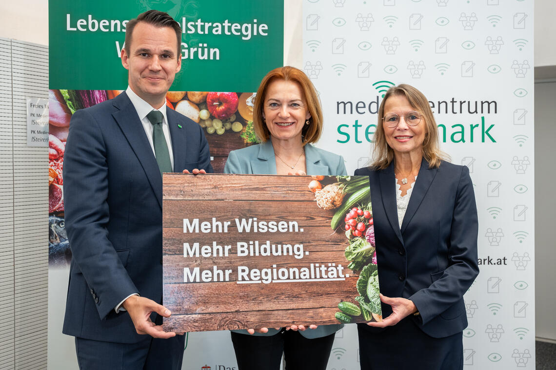 Zwei Frauen und ein Mann stehen nebeneinander und halten eine Tafel in ihren Händen