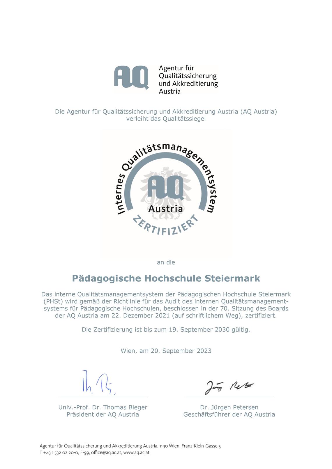 Qualitätszertifikat der AQ für die Pädagogische Hochschule Steiermark