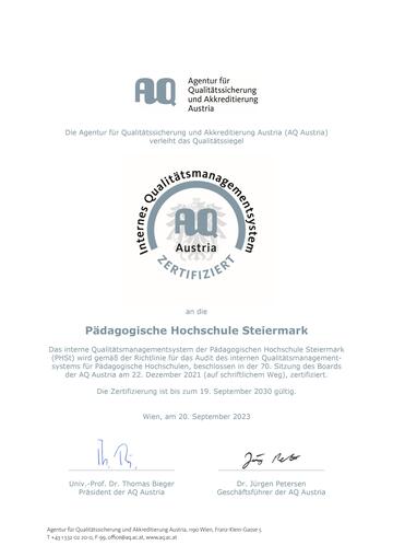 Qualitätszertifikat der AQ für die Pädagogische Hochschule Steiermark